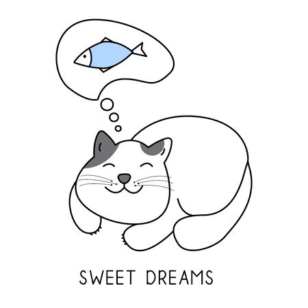 A cute cat is dreaming of a fish, sweet dreams hand drawn style, Cute cartoon funny animal character.のイラスト素材