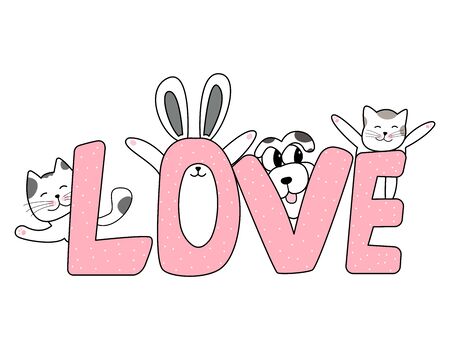 The word love and pets, cats, dog, and rabbit hand drawn style, Cute cartoon funny animal characters.のイラスト素材