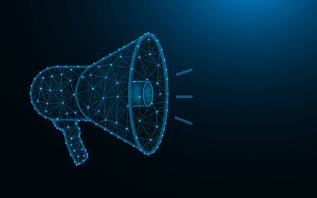 Megaphone low poly design, advertising wireframe mesh polygonal vector illustration, Speaker made from points and lines on dark blue backgroundのイラスト素材