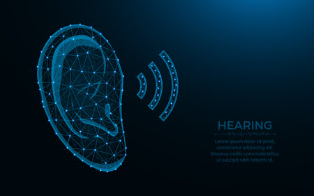 Hearing low poly design, Human ear wireframe mesh polygonal vector illustration made from points and lines on dark blue backgroundのイラスト素材