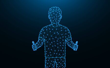 Man showing thumbs up made from points and lines on dark blue background, Positive man wireframe mesh polygonal vector illustrationのイラスト素材