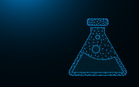 Flask made from points and lines on dark blue background, laboratory wireframe mesh polygonal vector...