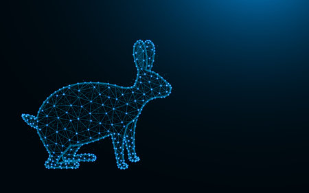 Rabbit made from points and lines on dark blue background, hare wireframe mesh polygonal vector illustrationのイラスト素材