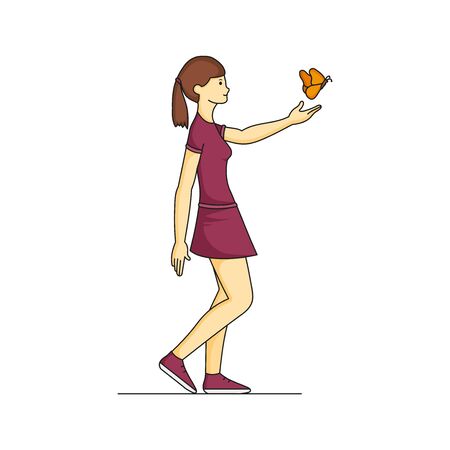 Girl releases a butterfly, freedom vector Illustration on a white backgroundのイラスト素材