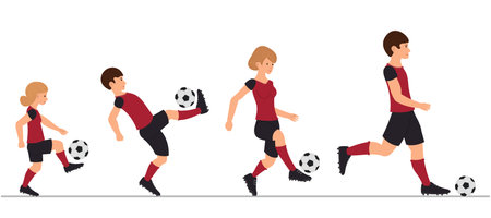 Family of soccer players, Man, woman, boy and girl play football. Father, mother, son and daughter play sports together. Vector Illustration on a white backgroundのイラスト素材