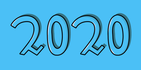 2020 doodle text design, invitation or greeting card on a blue background.