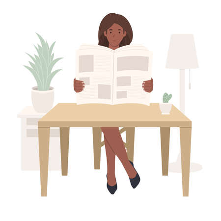 Young African American girl sitting at a table and reading a newspaper, black woman reads press or magazine. Home furnishings and indoor plants. Flat cartoon vector illustration.のイラスト素材