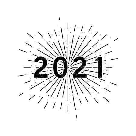 Happy 2021 New Year. Holiday vector illustration with typographic composition and sun rays in the backgroundのイラスト素材