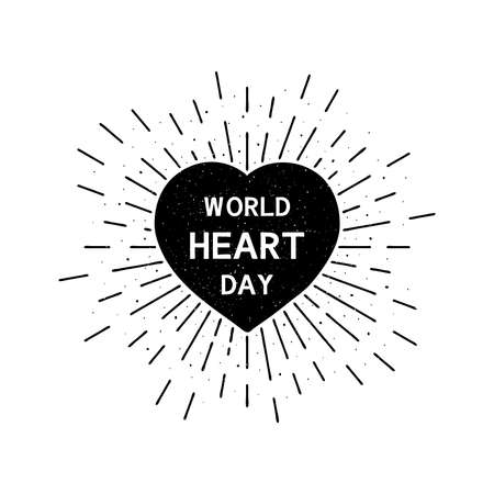 World heart day with lettering. Holiday grunge vintage illustration with sun rays in the backgroundのイラスト素材