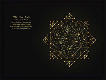 Abstract sun golden abstract illustration on dark background. Geometric shape polygonal template made from lines and dots.のイラスト素材