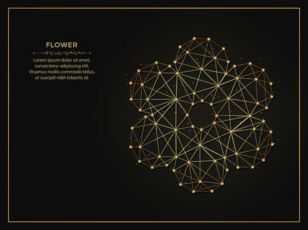 Flower Symbol golden abstract illustration on dark background. Geometric shape polygonal template made from lines and dots.のイラスト素材