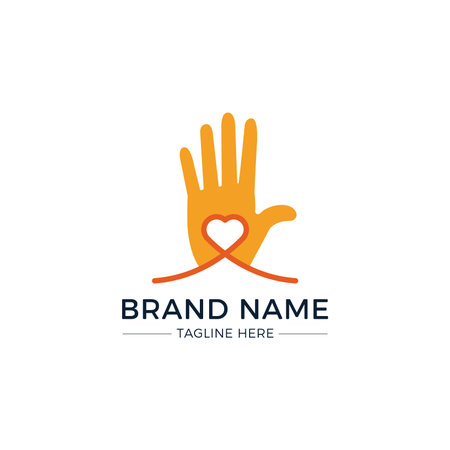 Hand palm and heart symbol playful logo on white backgroundのイラスト素材