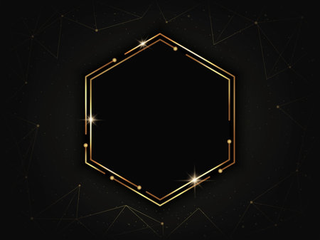 Gold luxury hexagonal frame. Geometric polygonal template made from lines and dots. Low poly illustration on dark backgroundのイラスト素材