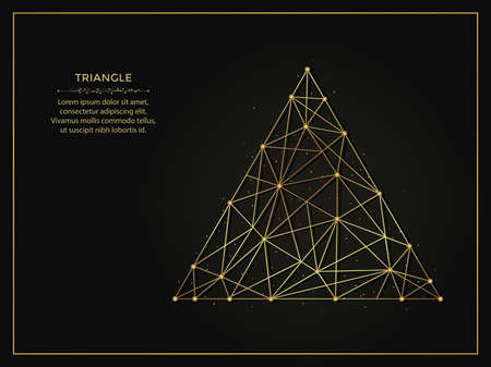 Triangle or delta golden abstract illustration on dark background. Geometric shape polygonal template made from lines and dots.のイラスト素材