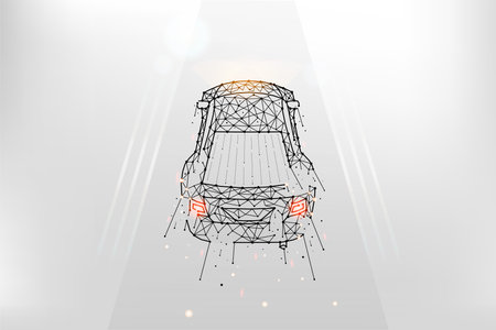 Car driving on the road polygonal vector illustration. A car made of lines and dots on a light...