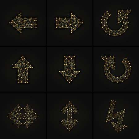 Set of arrows golden abstract illustration on dark background. Arrow symbols made from lines and...