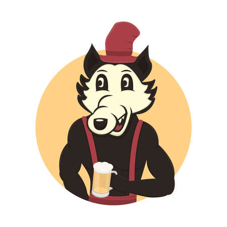 Happy wolf drinks beer. Wolf character in retro design.のイラスト素材