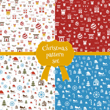 Set of christmas seamless patterns in cartoon style. Vector Christmas icons and templates. Doodle style Christmas cards.のイラスト素材