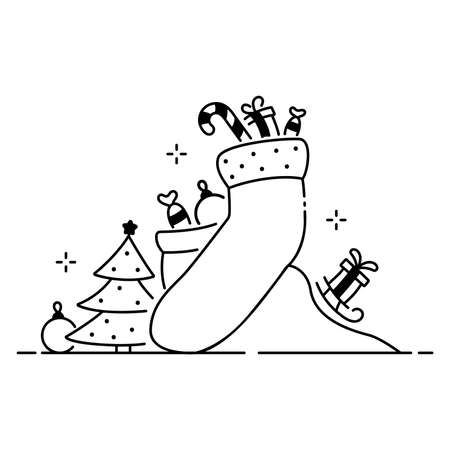 Merry Christmas funny illustration, Christmas composition in cartoon style. Big sock, fir tree and Christmas ornament flat icon.のイラスト素材