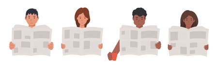Guys and girls are reading a newspaper, characters in a flat style. Vector illustrationのイラスト素材
