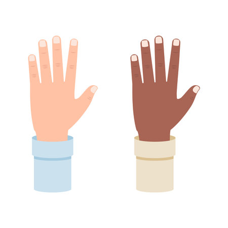 White and black hand shows five fingers, fifths vector illustration isolated on white background