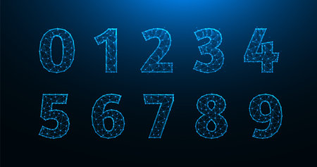 Polygonal vector illustration of numbers from zero to nine. A set of numbers made from lines and dots.のイラスト素材