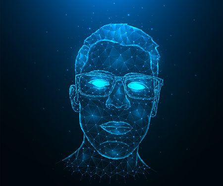 Portrait of a young guy with glasses. Cyber man with glowing eyes.のイラスト素材