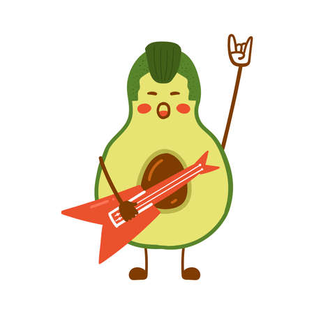 Avocado Rock and Roll. Vector flat illustration of cute avocado character with guitar.のイラスト素材