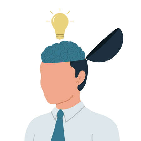 Business concept of generating ideas. Vector conceptual illustration of a businessman with a brain and a light bulb.のイラスト素材