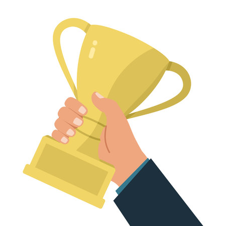 Vector illustration of a hand holding a gold trophy cup. The champion holds the award for the winning. Business concept.のイラスト素材