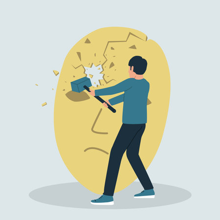 Vector illustration of a man with a hammer breaking a theatrical mask. The concept of getting rid of the imposter syndrome.のイラスト素材