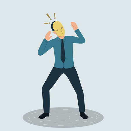 Vector illustration of a frightened businessman wearing a theater mask. The mysterious man hides his...