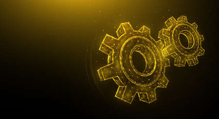 Polygonal vector illustration of gears isolated on dark background. Cogwheels or settings. Industrial or machinery technology design.のイラスト素材