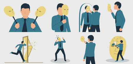 Vector illustration of dissociative personality disorder, imposter syndrome or split personality disorder. A man suffering from a mental disorder. Set of characters in a flat style.のイラスト素材