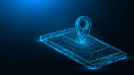 Polygonal vector illustration of mobile gps navigation on a dark blue background. Smartphone and pointer on the map futuristic concept.のイラスト素材