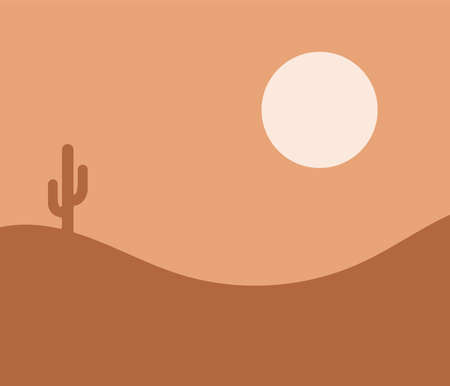 Vector illustration of a desert landscape consisting of sand hills, cactus and sun.のイラスト素材