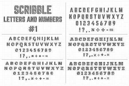 Scribble letters and numbers. Five sets of decorative letters of alphabets and punctuation marks. Stylized English alphabets.のイラスト素材