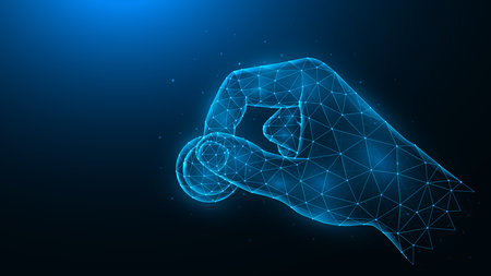 Hand holds a coin polygonal vector illustration on a dark blue background. Investment or charity concept.のイラスト素材