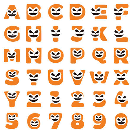 A set of Halloween characters in the form of letters and numbers with a mad face, vector clip art.のイラスト素材