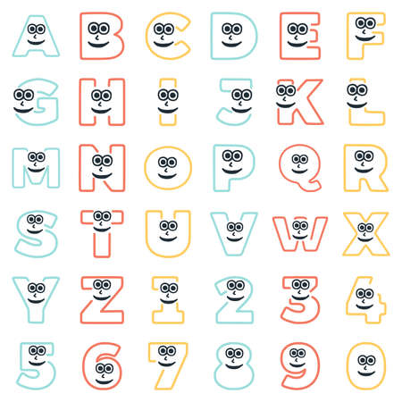 A set of characters in the form of letters and numbers with an eccentric face, vector clip art.のイラスト素材