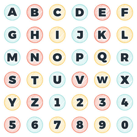 Set of round scribble letters and numbers, vector clip art.のイラスト素材