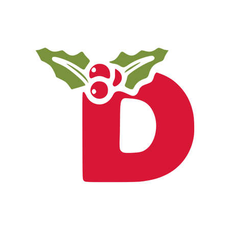 Red letter d with mistletoe, Christmas lettering vector clip art isolated on white backgroundのイラスト素材