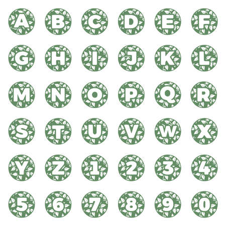 Set of letters and numbers with leaves in round, alphabet natural hand drawn monogram initialsのイラスト素材