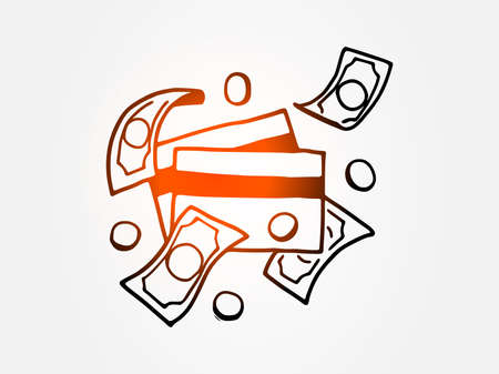 Credit cards, money bills, and coins are hand drawn. Credit cards, payment methods, transaction concept design.のイラスト素材