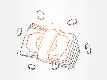 Polygonal vector illustration of a bundle of money and coins. Pay cash concept. Business and finance template, banner or background.のイラスト素材