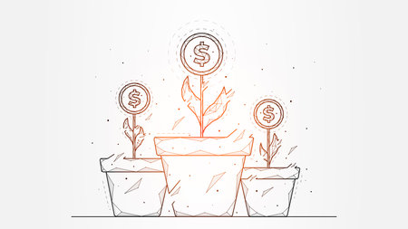 Polygonal vector illustration of a plant and dollar coins. Investment income or investment growth, finance and business template, banner or background.のイラスト素材