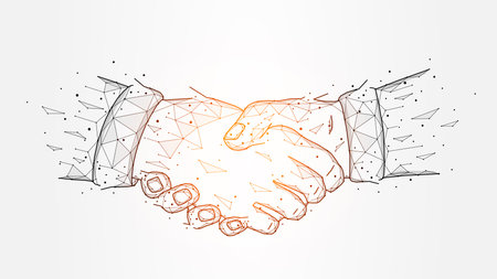 Polygonal vector illustration of a handshake. The concept of a partnership, deal or agreement. Friendship geometric art. Business background, banner or template.のイラスト素材