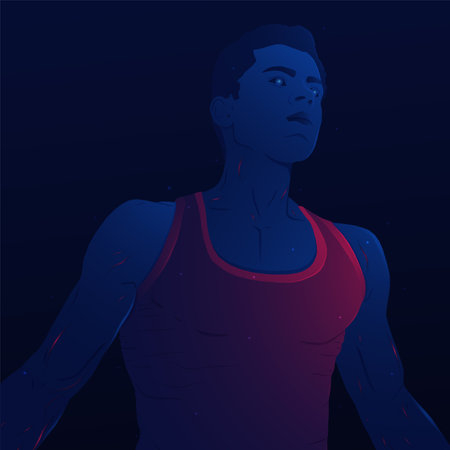 Blue majestic athletic guy on a dark background. Attractive guy in at shirt.Technology man vector illustration. sportsman concept.のイラスト素材