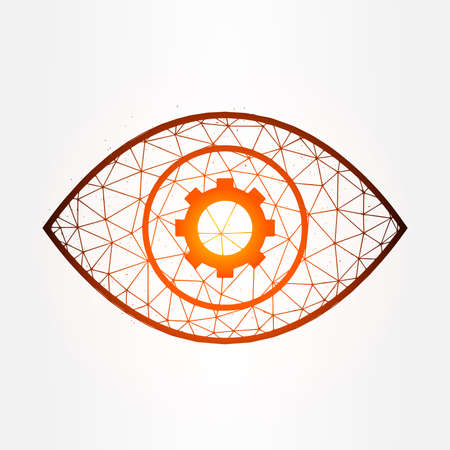 Eye with gear polygonal vector illustration isolated on white background. Digital technology concept.のイラスト素材