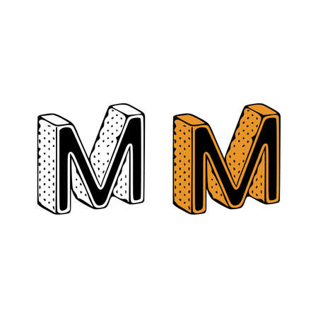 Isometric letter m doodle vector illustration on white background. Letter clip art.のイラスト素材